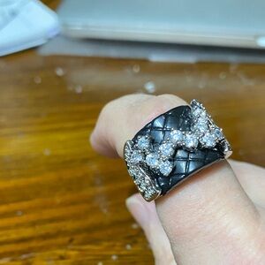 Silver tone Cocktail Ring Camille Lucie Crystal & Black Acrylic size 9